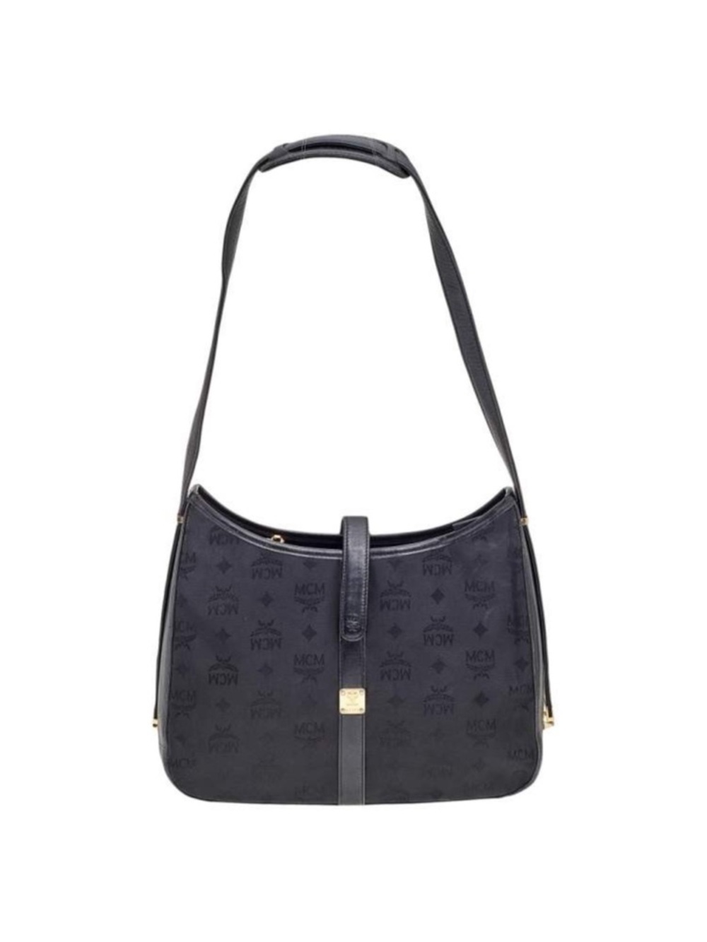 MCM Black Monogram Shoulder Bag with Leather Trim